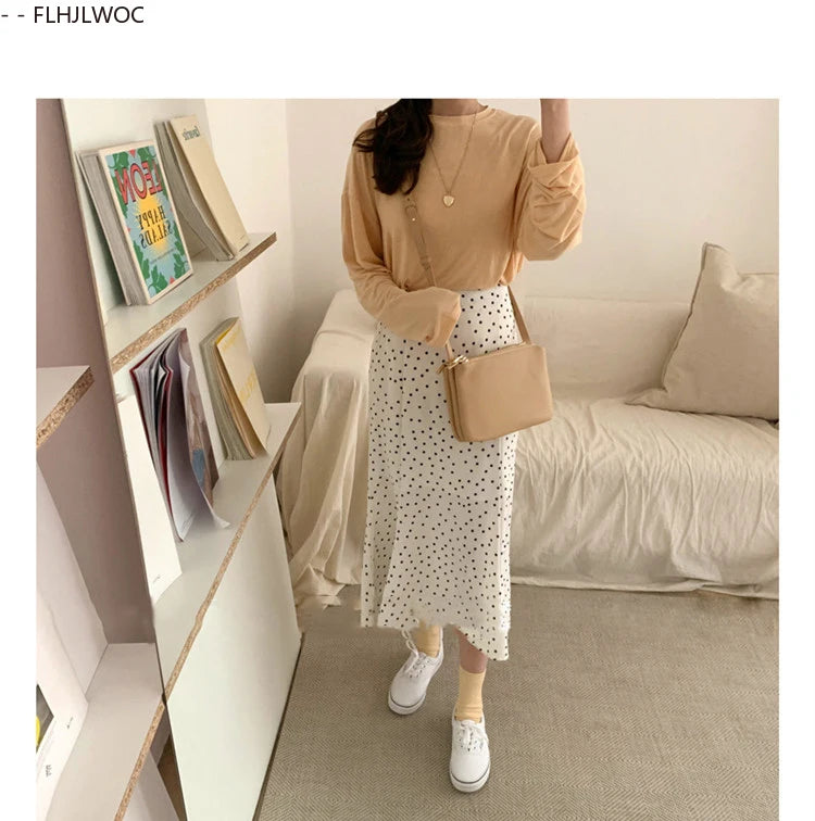 2024 Summer Skirt Long Hot Sales Women Black White Dot Preppy Style Girls Korean Design High Waist Black Skirt 3024