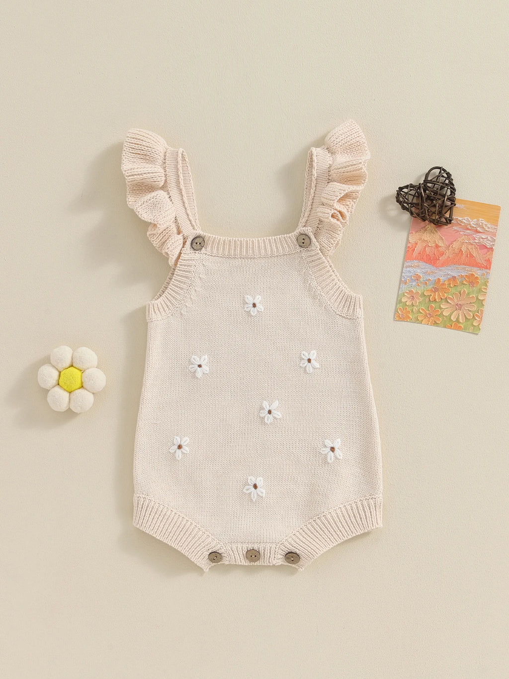 Lioraitiin Newborn Baby Girls Knitted Rompers Spring Summer Toddler Kids Ruffles Floral Embroidery Jumpsuits Playsuits Clothes