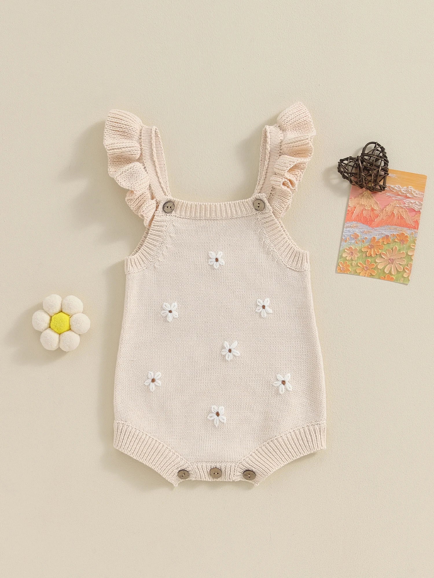 Lioraitiin Newborn Baby Girls Knitted Rompers Spring Summer Toddler Kids Ruffles Floral Embroidery Jumpsuits Playsuits Clothes