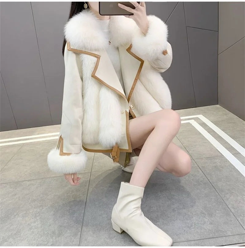 2025 Women Mid-Long Style Faux Fur Jacket Winter Female Pu Leather Splicing Fur Outwear Ladies Long Sleeve Thicken Warm Fur Coat