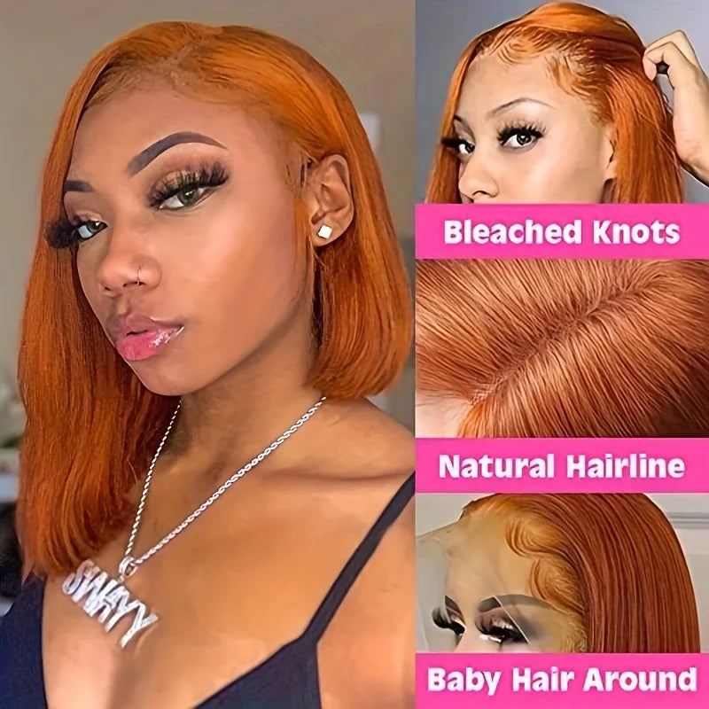 Ginger Bob Wig real Hair 13x4 high definition lace forehead, Orange Bob Wig Straight Hair