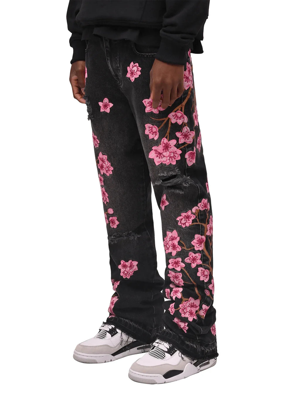 Men's high-street ripped jeans with floral embroidery patchwork, trendy street-style distressed flared jeans