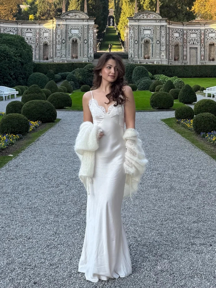 Lace Patchwork Sling Maxi Dress Women Sexy Solid V-neck Sleeveless Backless Satin Slim Dresses 2026 Lady Chic Party Evening Gown