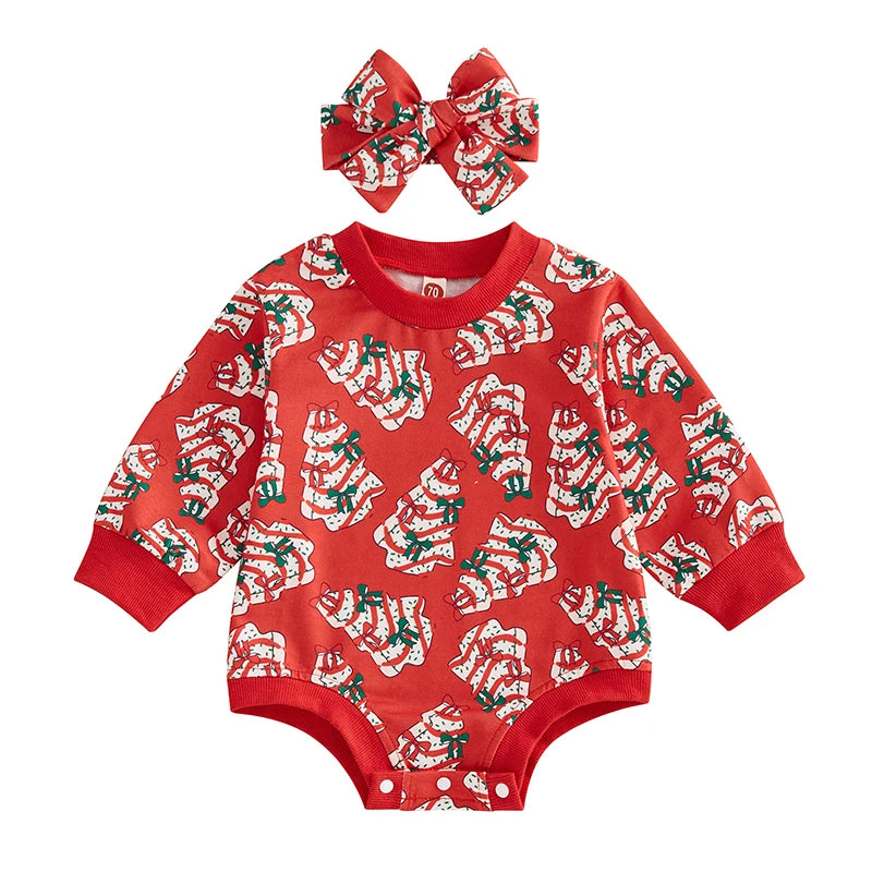 Toddler Baby Girls Sweatshirt Romper Christmas Tree Print Long Sleeve Jumpsuits and Cute Headband Set Infant
