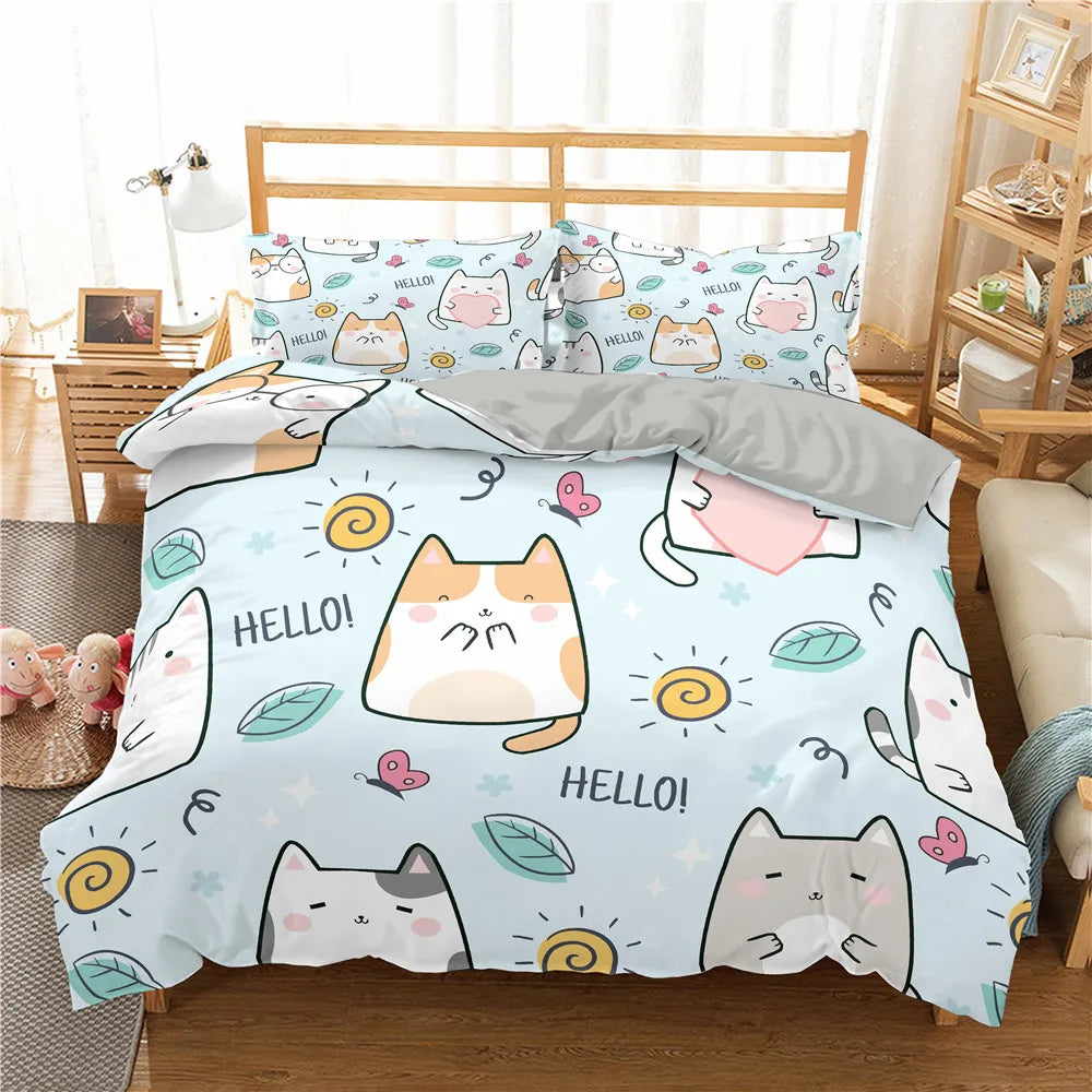 Cute Pink Pet Cats Cartoon Kitten Print Duvet Cover Pillowcase Polyester Quilt Cover for Children Women Bedroom Decoration King