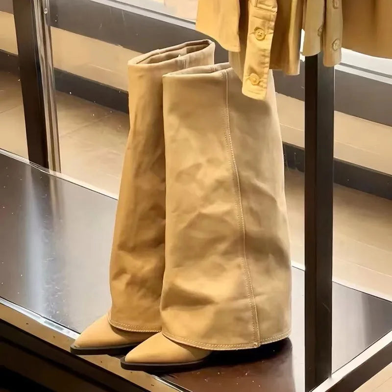 Women Pointed Toe High Boots Fashion Sexy Mid Heels Shoes Woman Chunky Trend Chelsea Boots Pumps Elegant Mujer Snow Goth Botas