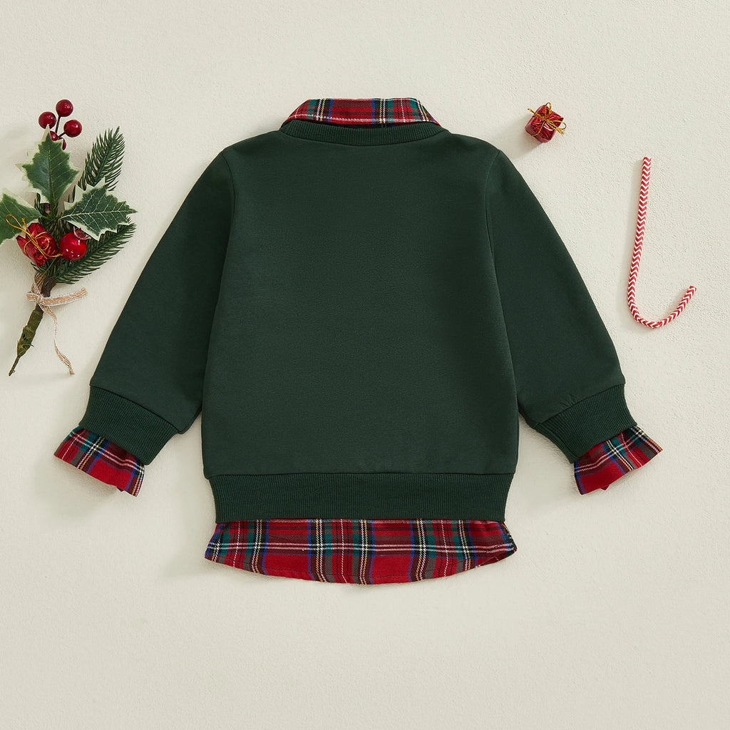 Lioraitiin Kids Boys Girls Sweatshirt Long Sleeve Embroidery Letters Patchwork Hoodie Pullover Christmas Costume Tops
