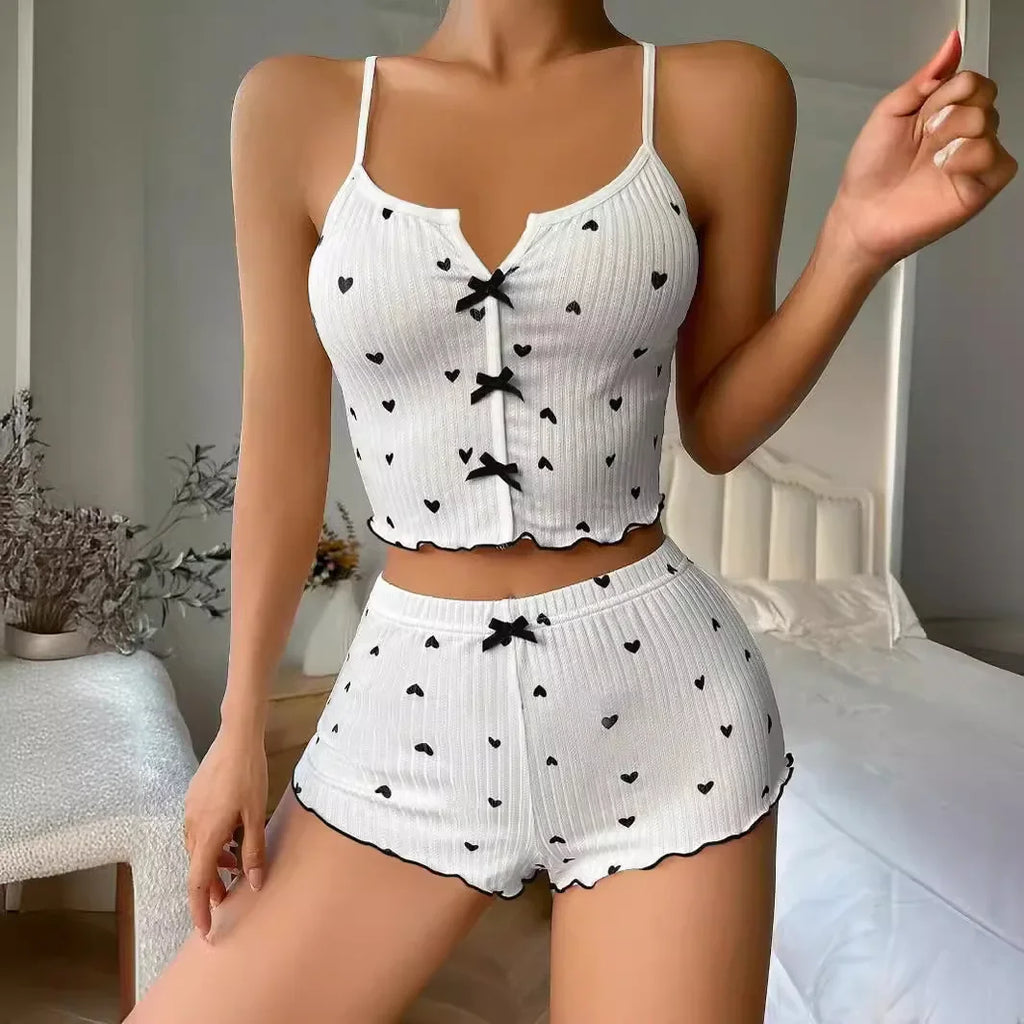 Sexy Heart Print Pajama Set for Women Sleepwear Silk Stain V-Neck Sleeveless Casual Cami Top and Shorts Sets Loungewear
