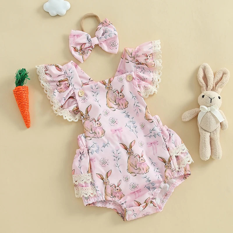 2025-01-02 Lioraitiin Baby Girls Easter Outfits Flower Bunny Print Lace Trim Flying Sleeve Spring Romper with Bow Headband Set