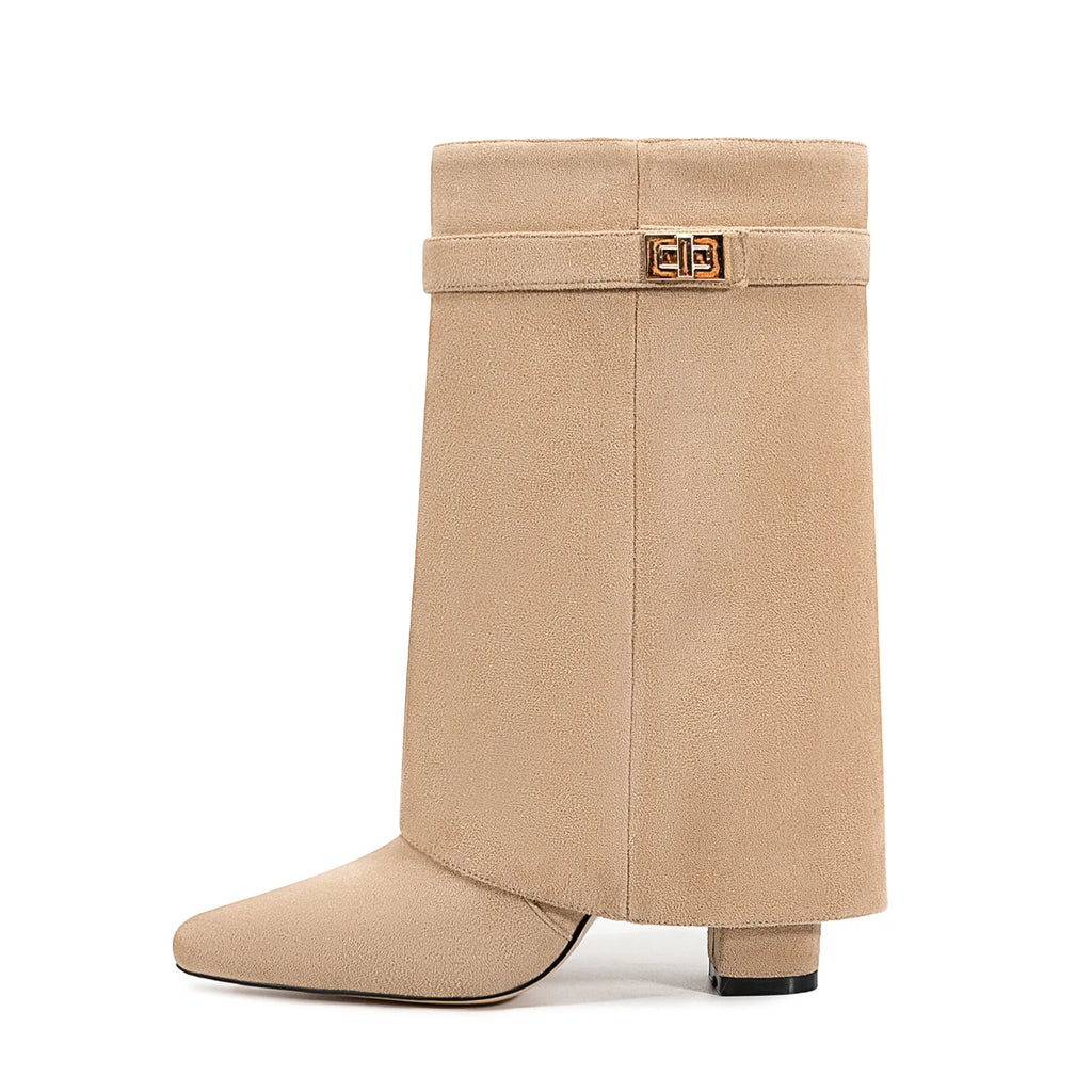 Ladies' Autumn and Winter New Pointed Knee High Women's Boots, Thick High-heeled Long Pants Boots, Fashionable Mid Rise Boots