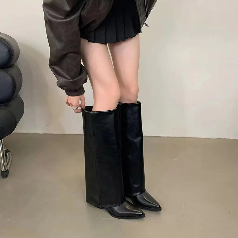 Women Pointed Toe High Boots Fashion Sexy Mid Heels Shoes Woman Chunky Trend Chelsea Boots Pumps Elegant Mujer Snow Goth Botas