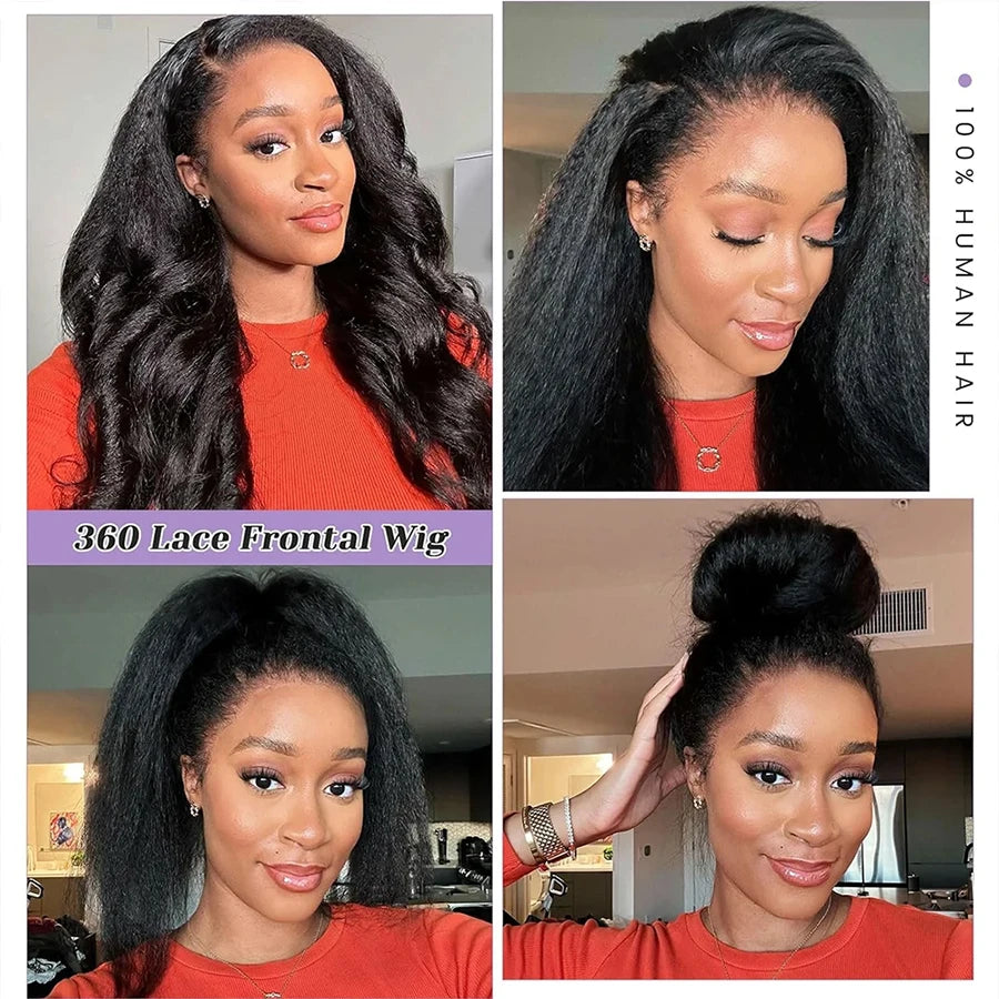 220% Density 360 Lace Wig Invisible Drawstring Kinky Straight Human Hair Wigs Natural Color Brazilian Glueless Wig Pre plucked