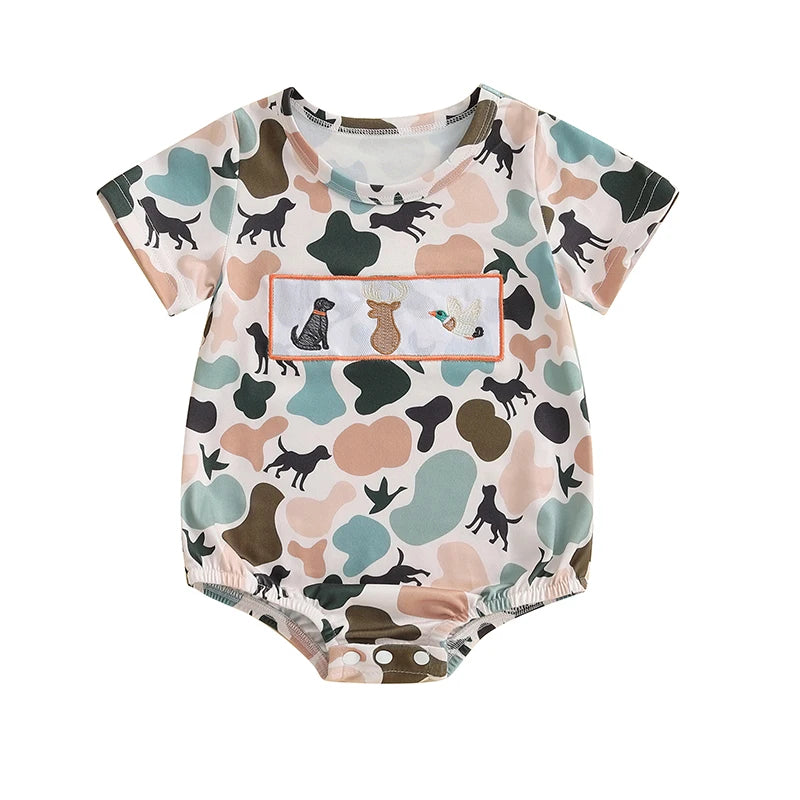 Lioraitiin Newborn Baby Boys Summer Jumpsuit Casual Dog Camouflage Print Embroidery Short Sleeve Romper Cute Clothes