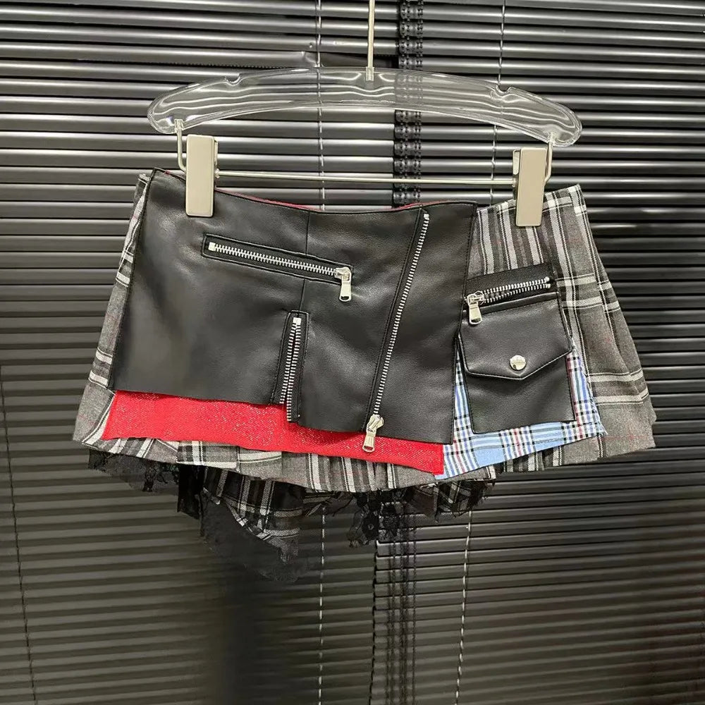 FLARORA Fashion Y2k Patchwork Plaid Design Skirts Woman High Waist Zip Pocket Mini Pleated Skirt Trendy Female Street Bottoms