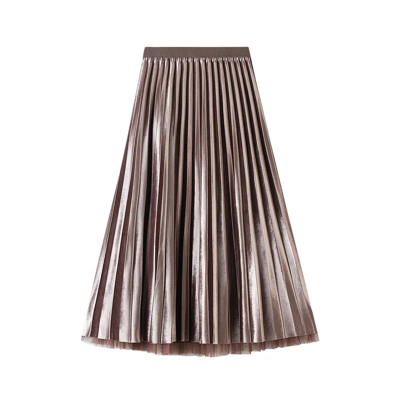 Luxury Velvet Pleated Skirts For Women 2024 Summer Fashion Women's High Waist Mesh Midi Skirt Female Elegant  Solid A-Line Skirt