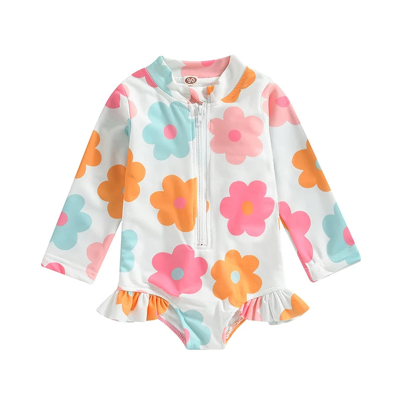 Lioraitiin Summer Kids Baby Girl Swimsuits Floral Long Sleeve Zipper Ruffles Jumpsuit Swimwear Beachwear Bathing Suits