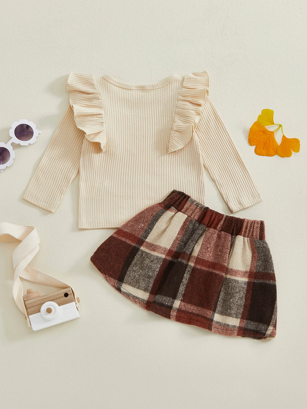 Lioraitiin Toddler Girls Autumn 2PCS Skirt Outfits Flying Sleeve Solid Color Tops A-line Plaid Skirt Set