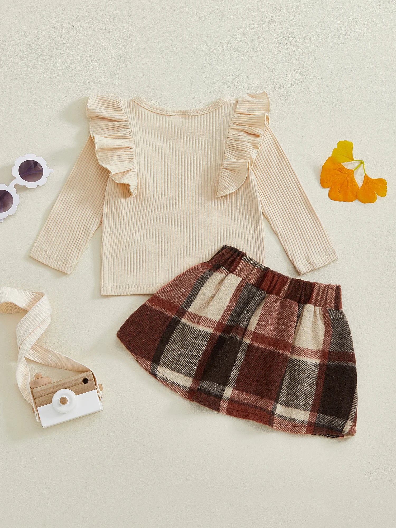 Lioraitiin Toddler Girls Autumn 2PCS Skirt Outfits Flying Sleeve Solid Color Tops A-line Plaid Skirt Set
