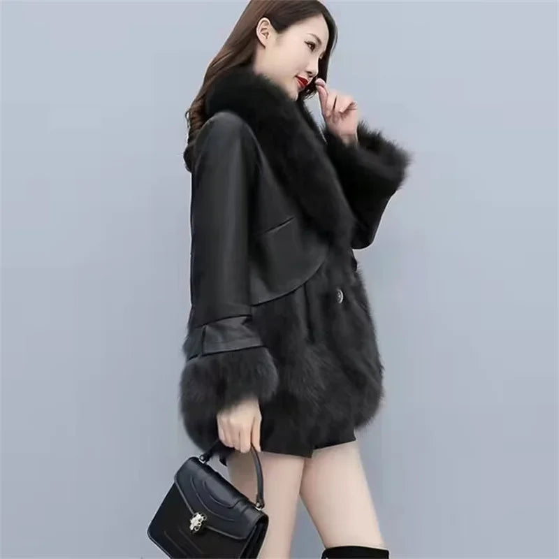 2025 Women Mid-Long Style Faux Fur Jacket Winter Female Pu Leather Splicing Fur Outwear Ladies Long Sleeve Thicken Warm Fur Coat