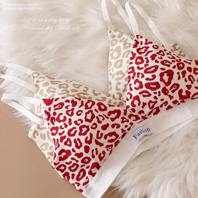 Women V-neck Bra And Panties Set Low Waist Panties Female Sexy Lingerie Set Leopard Print Cotton Bra Sport Underwear Set