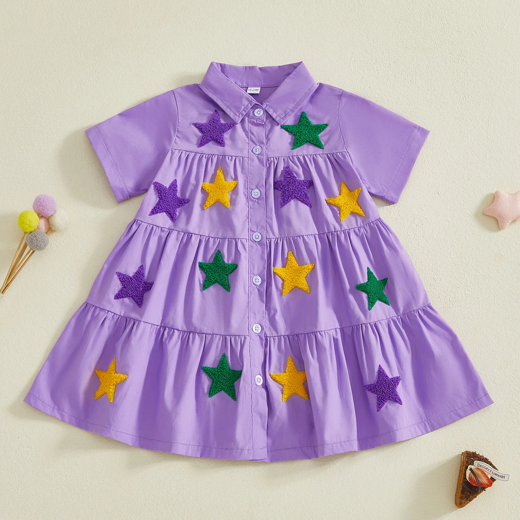 Toddler Mardi Gras Dress with Sequin Star Detail and Tiered Ruffle Skirt Short Sleeve Collared Party Dress for Girls Spring