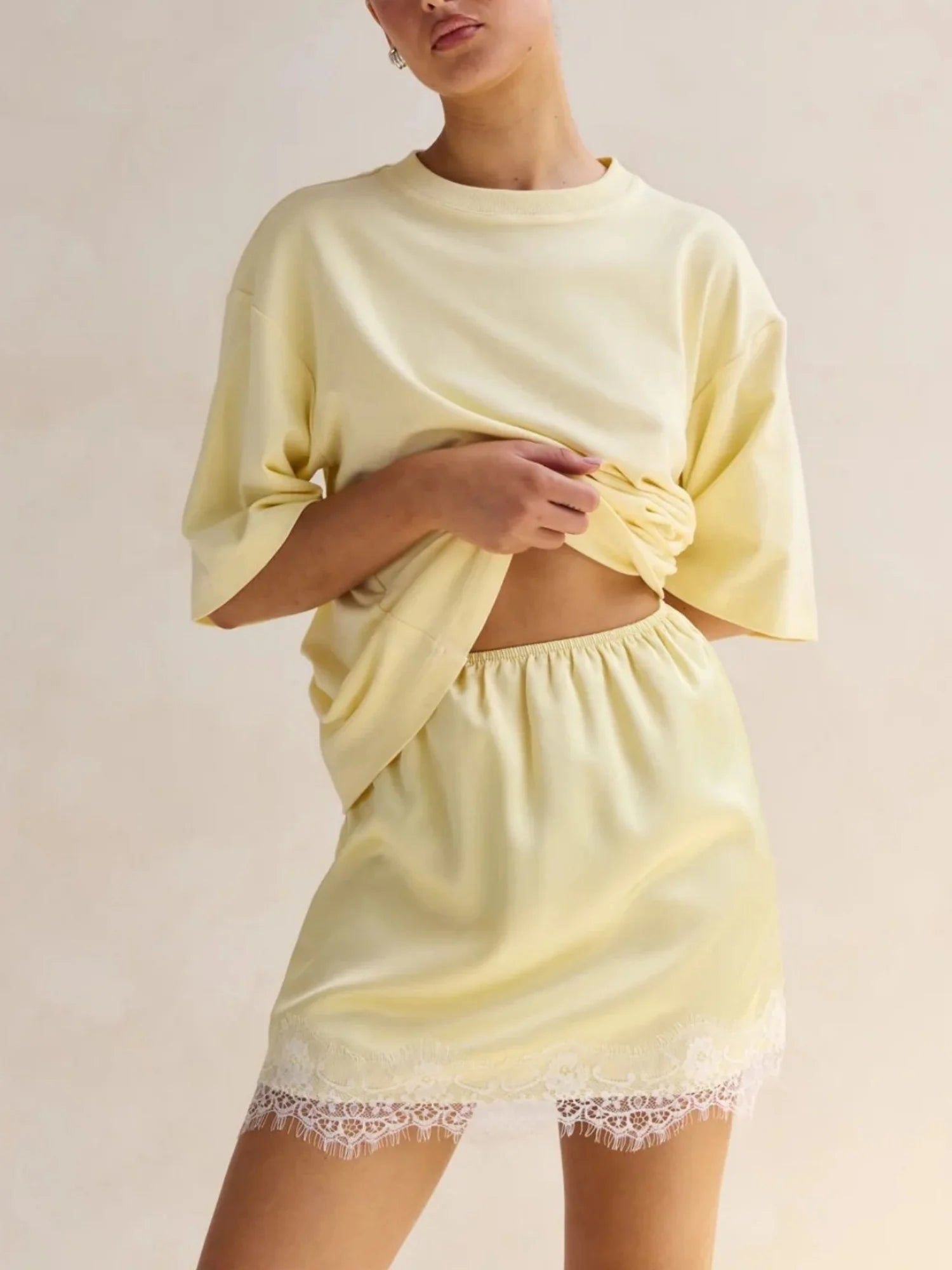 Lamuusaa y2k Lace Trim Skirt Women Summer Clothes Solid Color Elastic High Wasit A Line Short Mini Skirt Party Skirts Clubwear