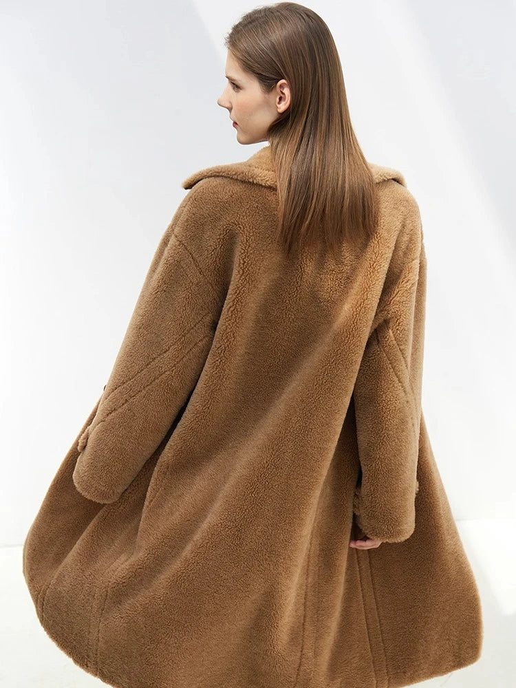 Amii Fur Coat 2025 Winter New Warm Office Lady Turn-Down Collar Full Wool Outerwears Straight Double-breasted Coat 12554013