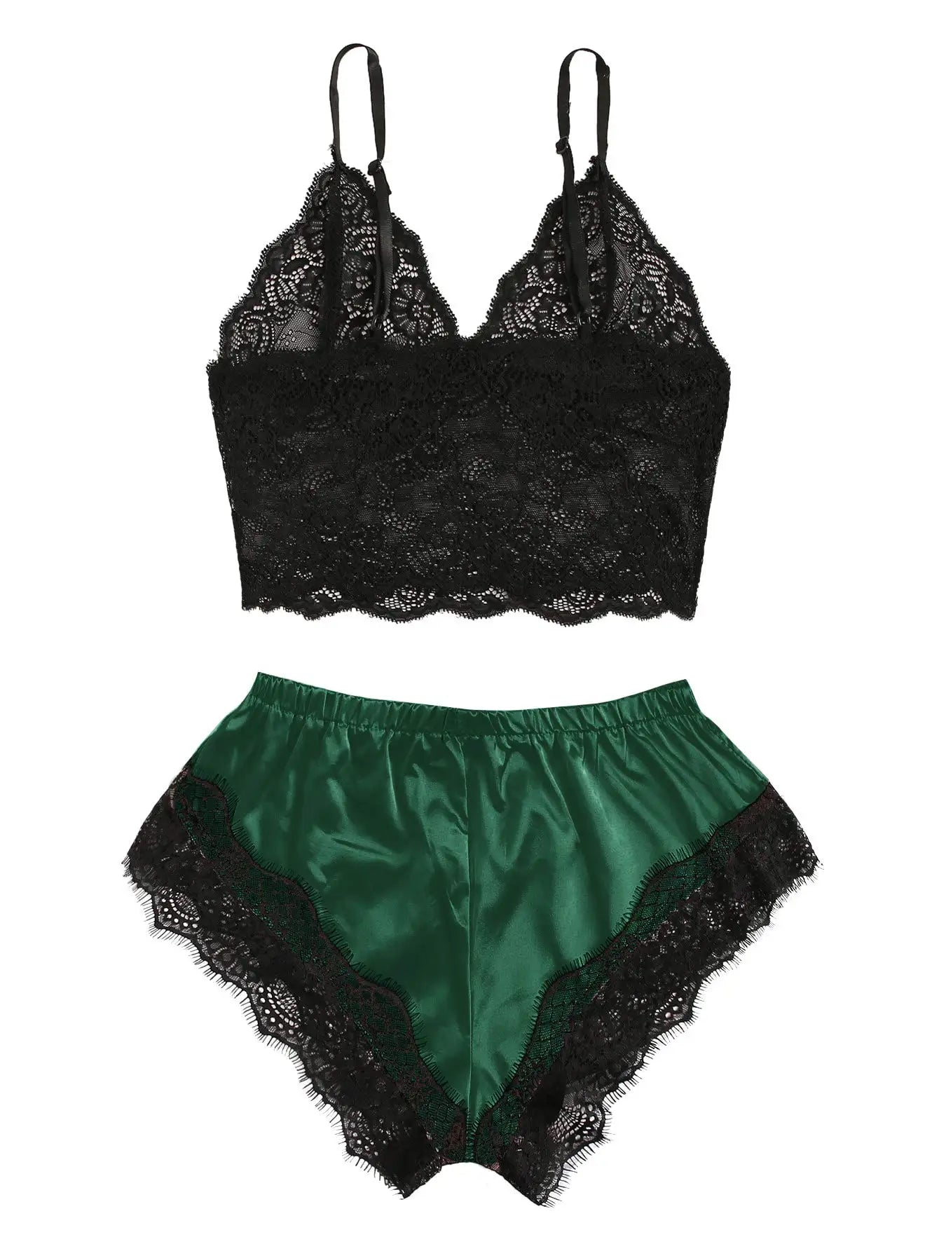 Women's 2 Piece Sexy Lace Pajama Set See-Through Bralette Cami Top and Shorts Breathable Sleepwear Plus Size Summer Lingerie