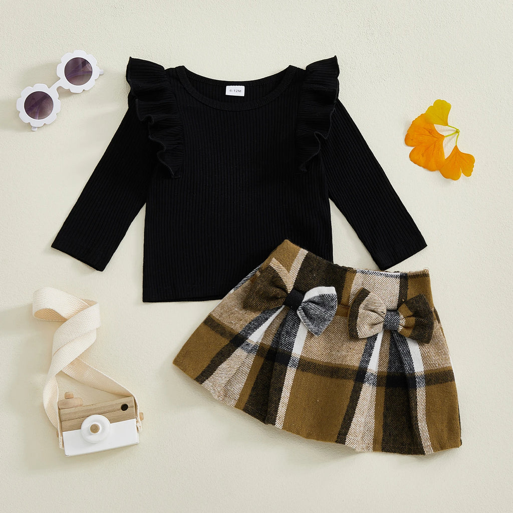Lioraitiin Toddler Girls Autumn 2PCS Skirt Outfits Flying Sleeve Solid Color Tops A-line Plaid Skirt Set