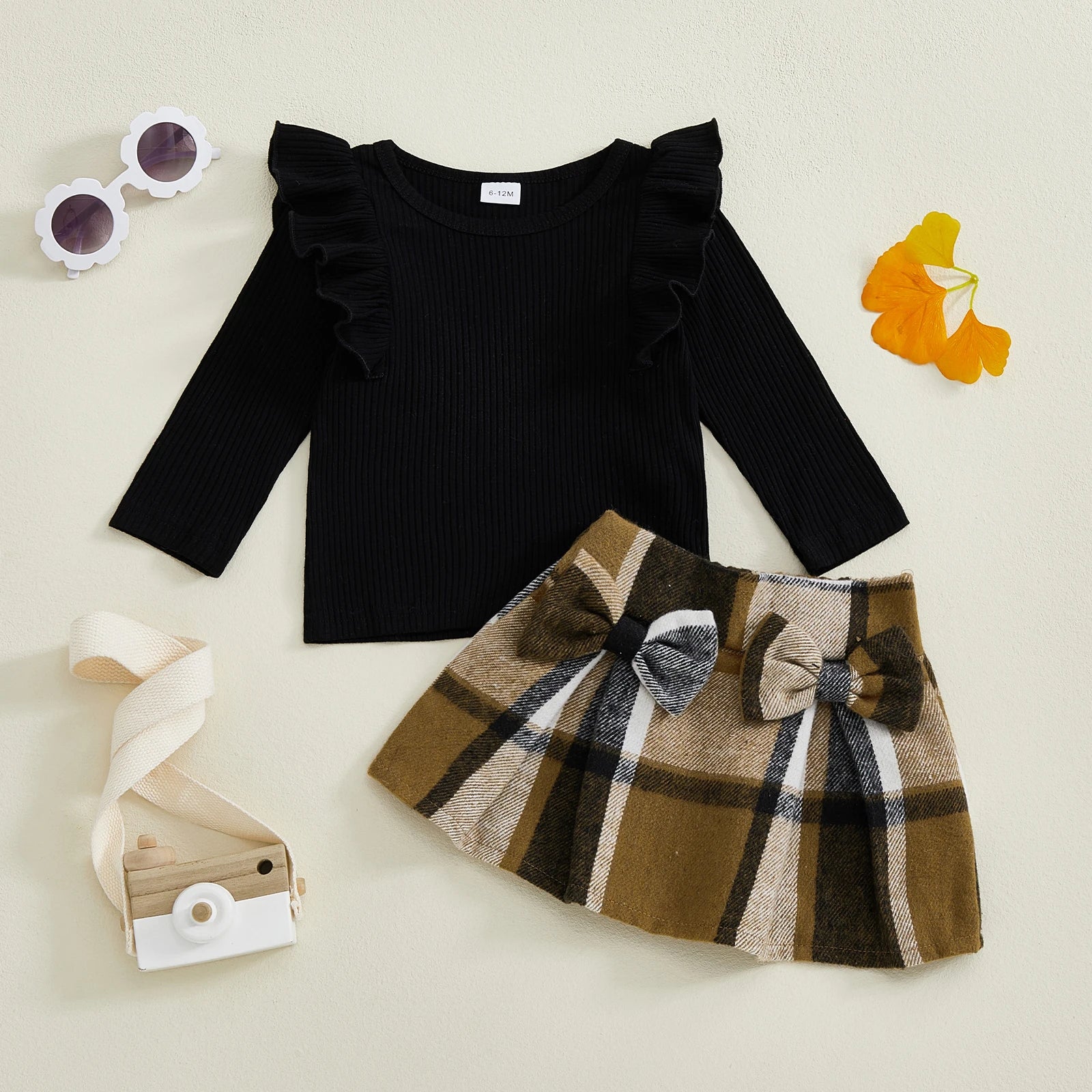 Lioraitiin Toddler Girls Autumn 2PCS Skirt Outfits Flying Sleeve Solid Color Tops A-line Plaid Skirt Set