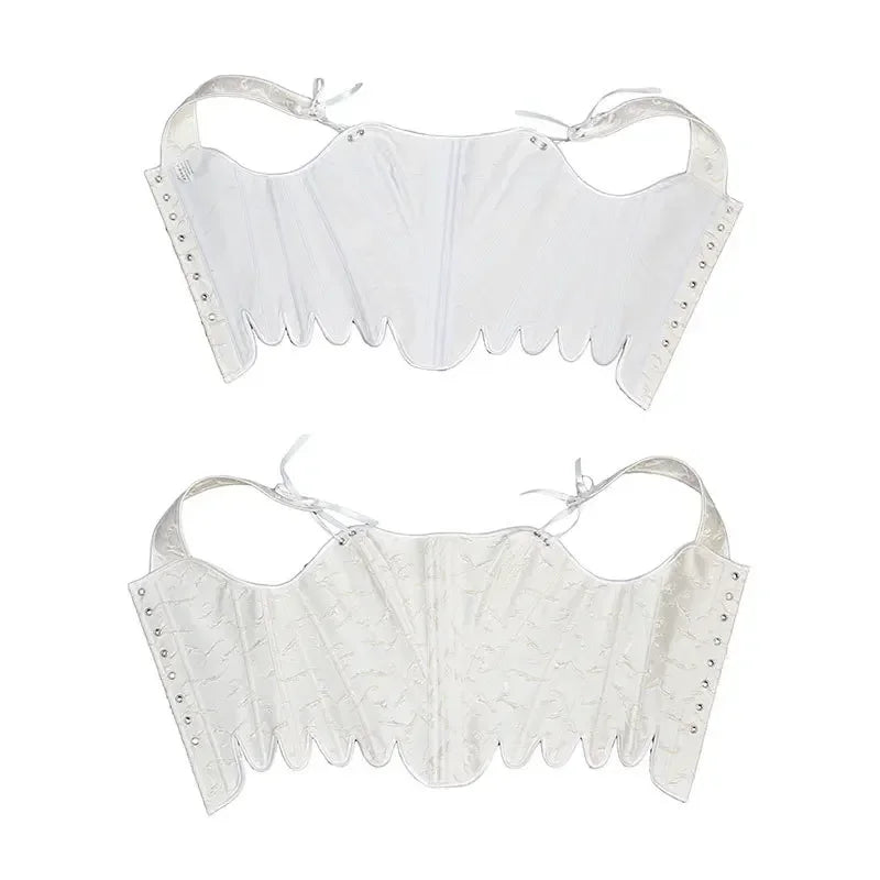 Fashion White Embossed Vintgae Petal Bodices Women Overbust Slimm Corsets Lace Up Boned Shaping Tops Korset
