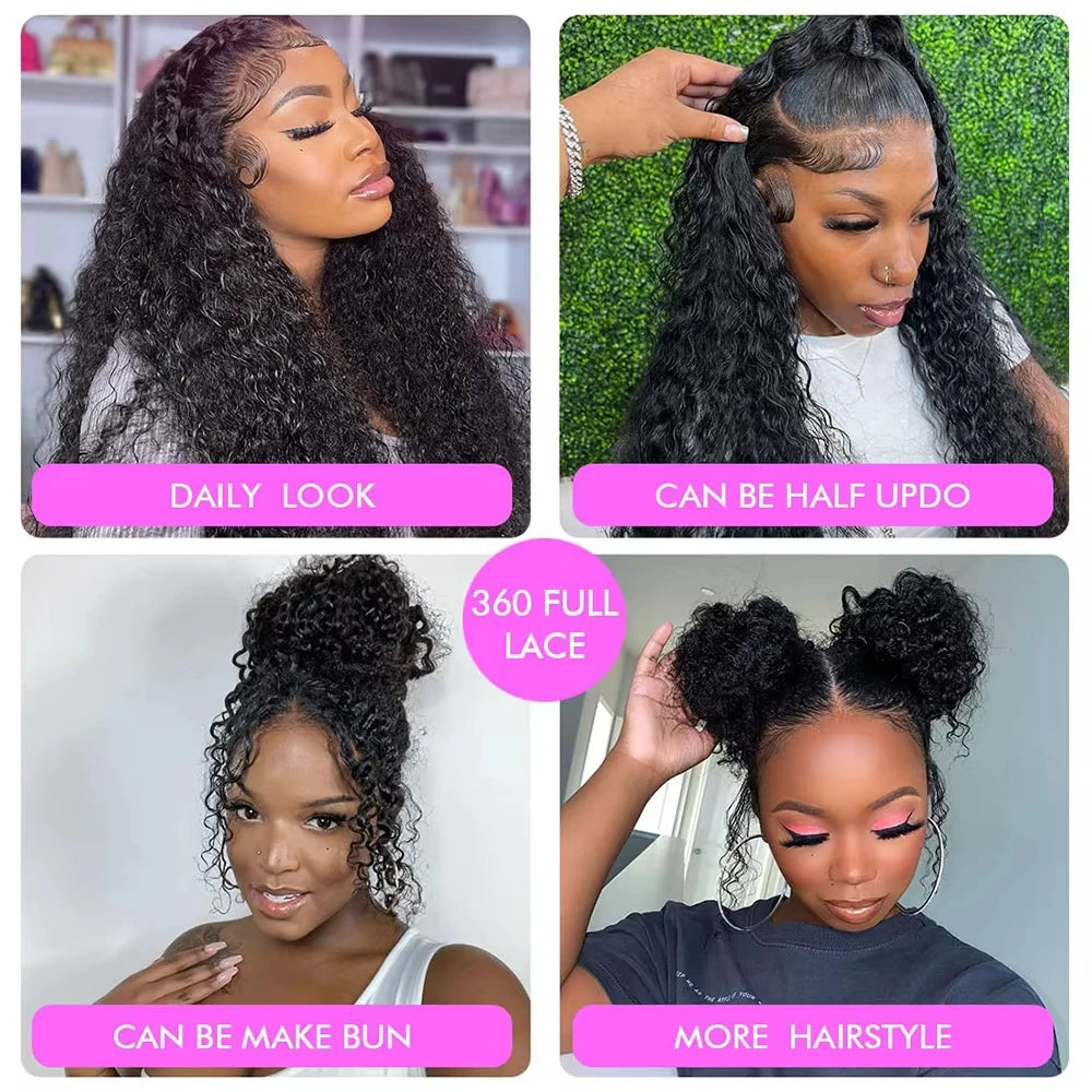 Curly Wigs 360 Full Lace Wig Deep Wave Water Wave Human Hair 1b Black Wig Invisi Strap Hd Lace Wigs 250 Density Bleached Knoted