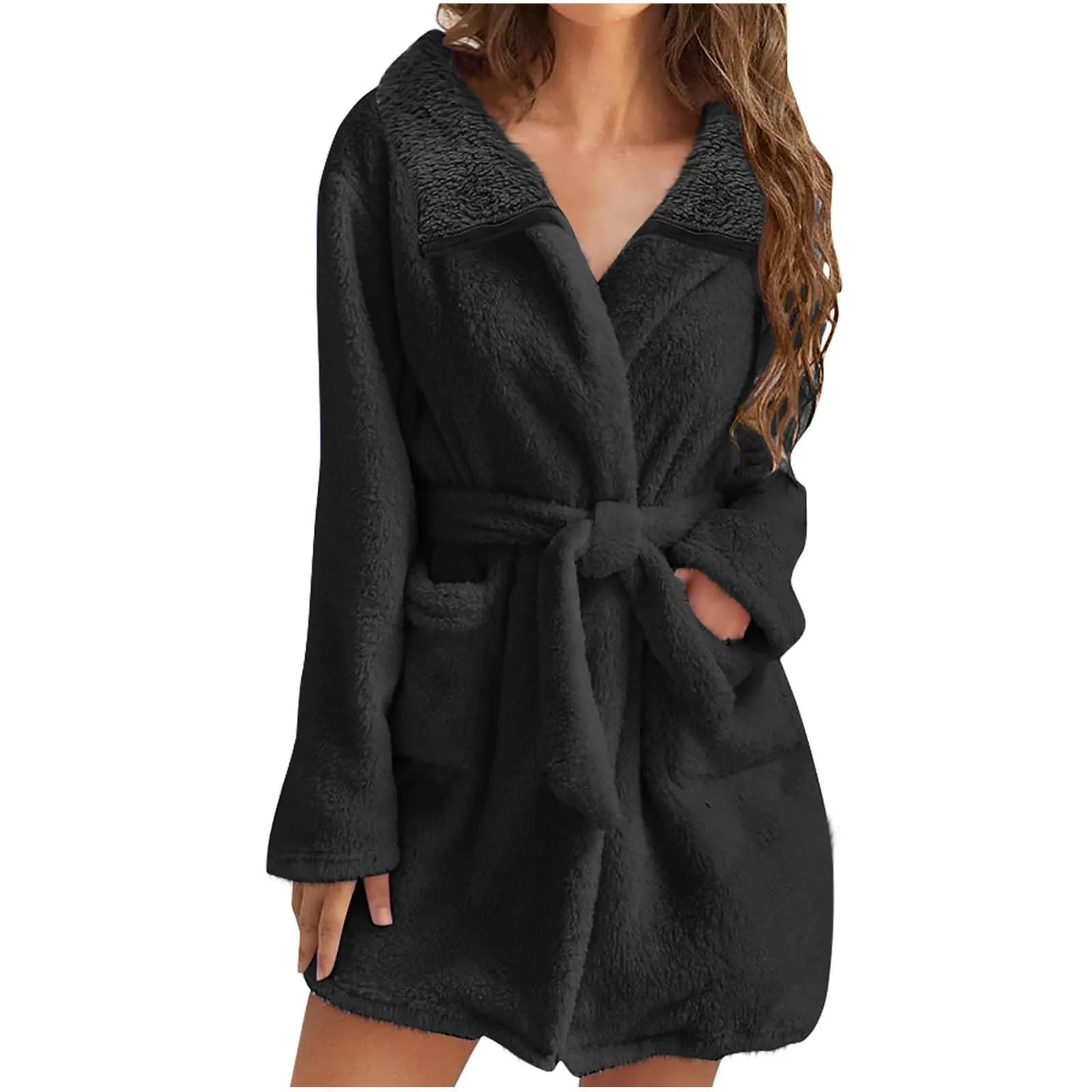 Women Warm Plush Hooded Bathrobe Wainter Plush Lapel Robe With Pockets Female Pajamas Robe Long Home Clothes Lingeries For Woman