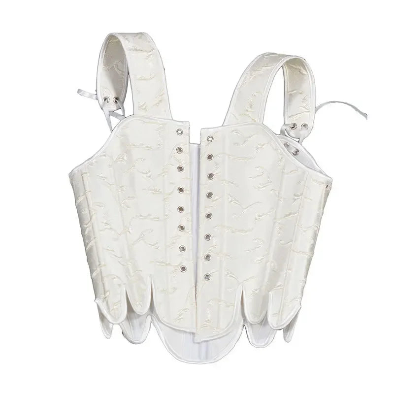 Fashion White Embossed Vintgae Petal Bodices Women Overbust Slimm Corsets Lace Up Boned Shaping Tops Korset