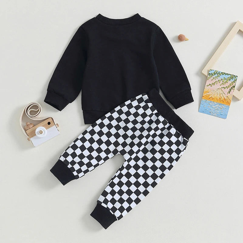 Lioraitiin 0-3Y Toddler Baby Boys Clothes Sets Long Sleeve Sweatshirt Tops and Checkerboard Print Drawstring Pants Tracksuit Set