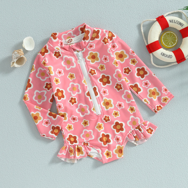 Lioraitiin Summer Kids Baby Girl Swimsuits Floral Long Sleeve Zipper Ruffles Jumpsuit Swimwear Beachwear Bathing Suits