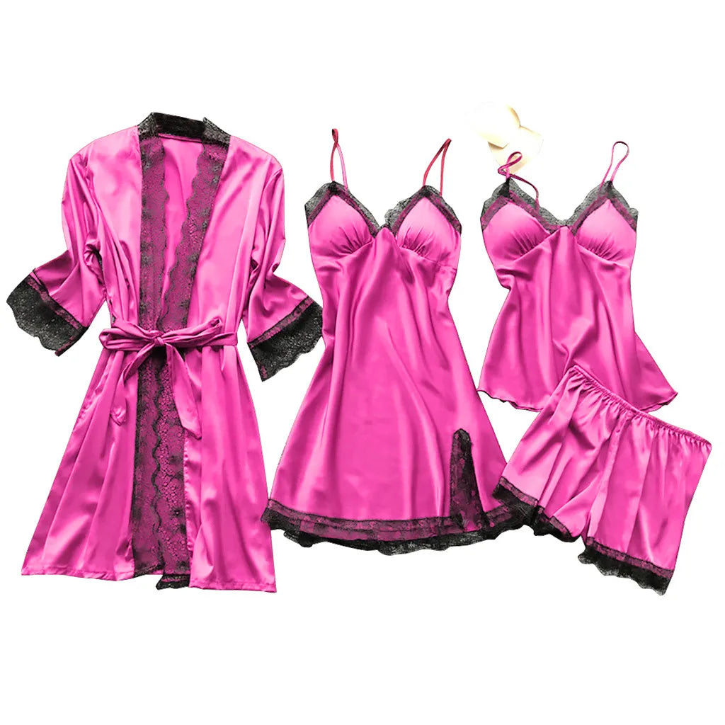 Sexy Fishnet Lingerie Hot Women Silk Dress Robe Sleepwear Pajamas Set Lace Nightdress Lingerie Sexy Lingerie Dress with Garter