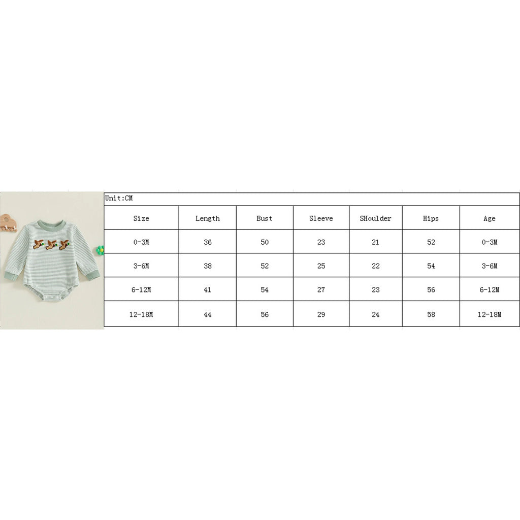 Lioraitiin Newborn Baby Boy Romper Long Sleeve Round Neck Duck Embroidery Bodysuit Fall Playsuit