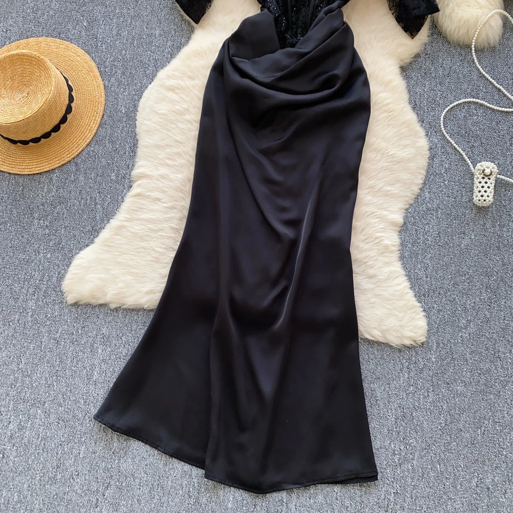Women Chic satin Spliced mesh slash neck Sexy French Fashion Summer evening dress mermaid dress