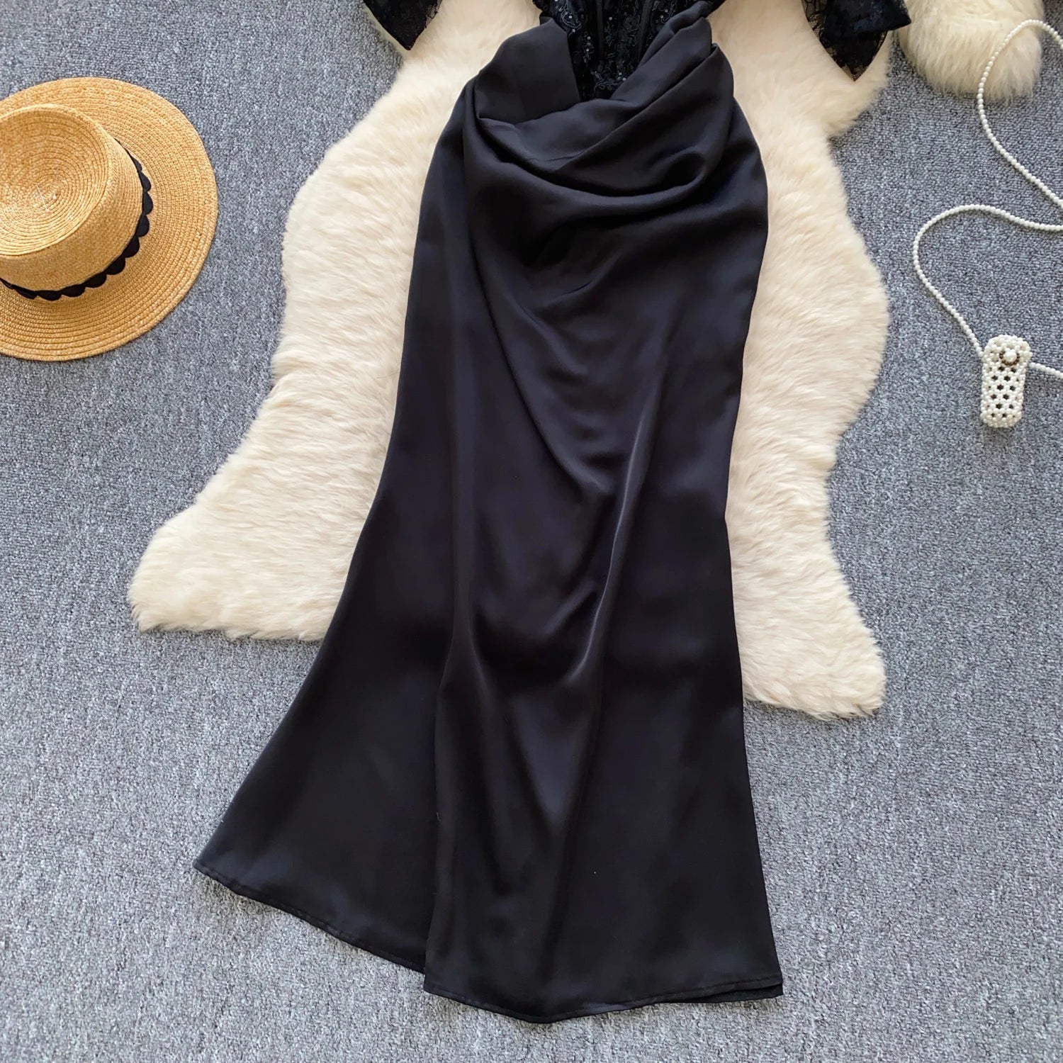 Women Chic satin Spliced mesh slash neck Sexy French Fashion Summer evening dress mermaid dress