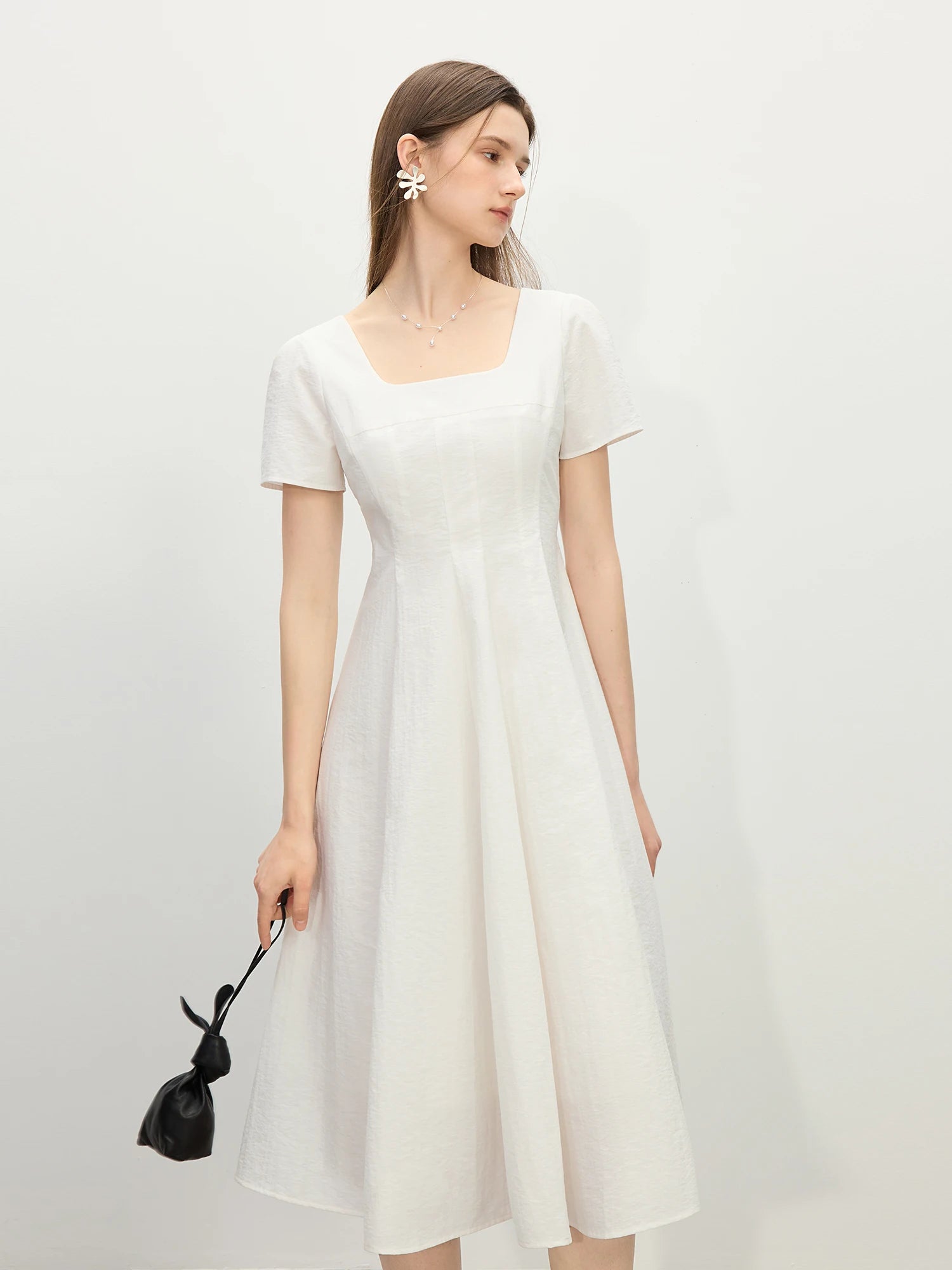 FSLE Gentle Temperament High Waist Short Sleeve Square Collar A-line Dress Female Summer 2025 New Arrival Long Dress 25FS12104