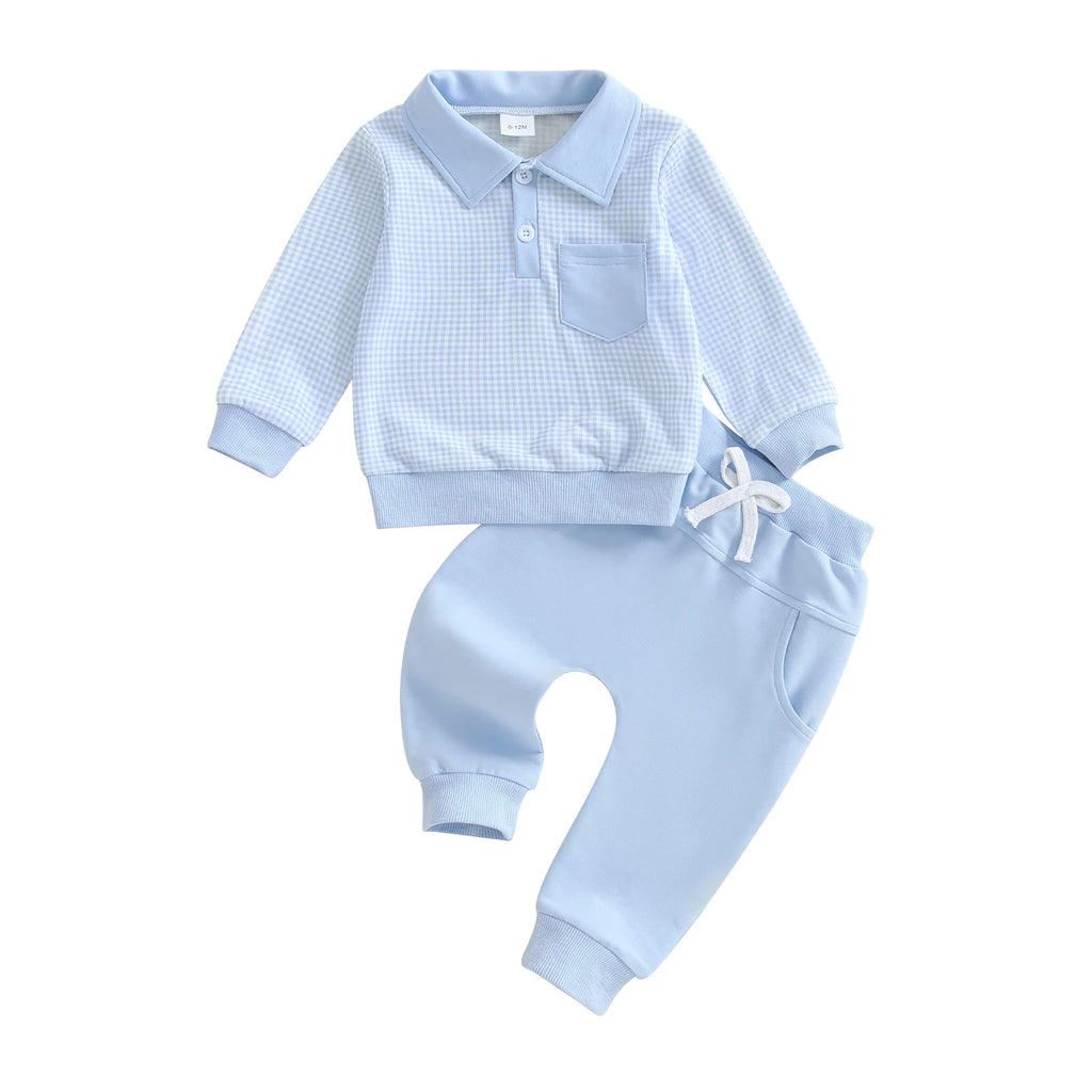 2025-06-03 Lioraitiin Toddler Baby Boys Fall Set Plaid Long Sleeve Lapel Tops and Solid Color Bow Pants with Pocket 2Pcs Outfits