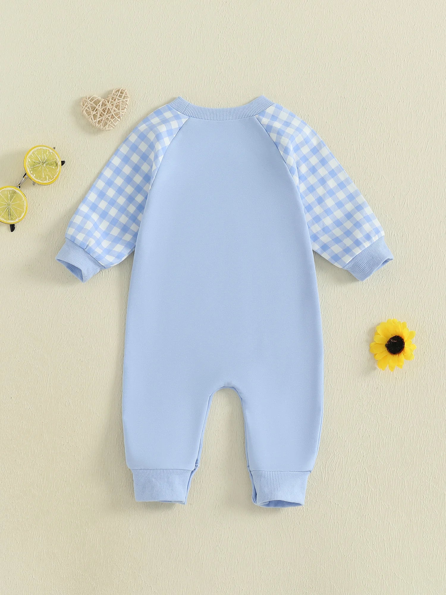 Baby Boy Fall Romper Plaid Print Letter Embroidery Long Sleeve Round Neck Full Length Jumpsuit