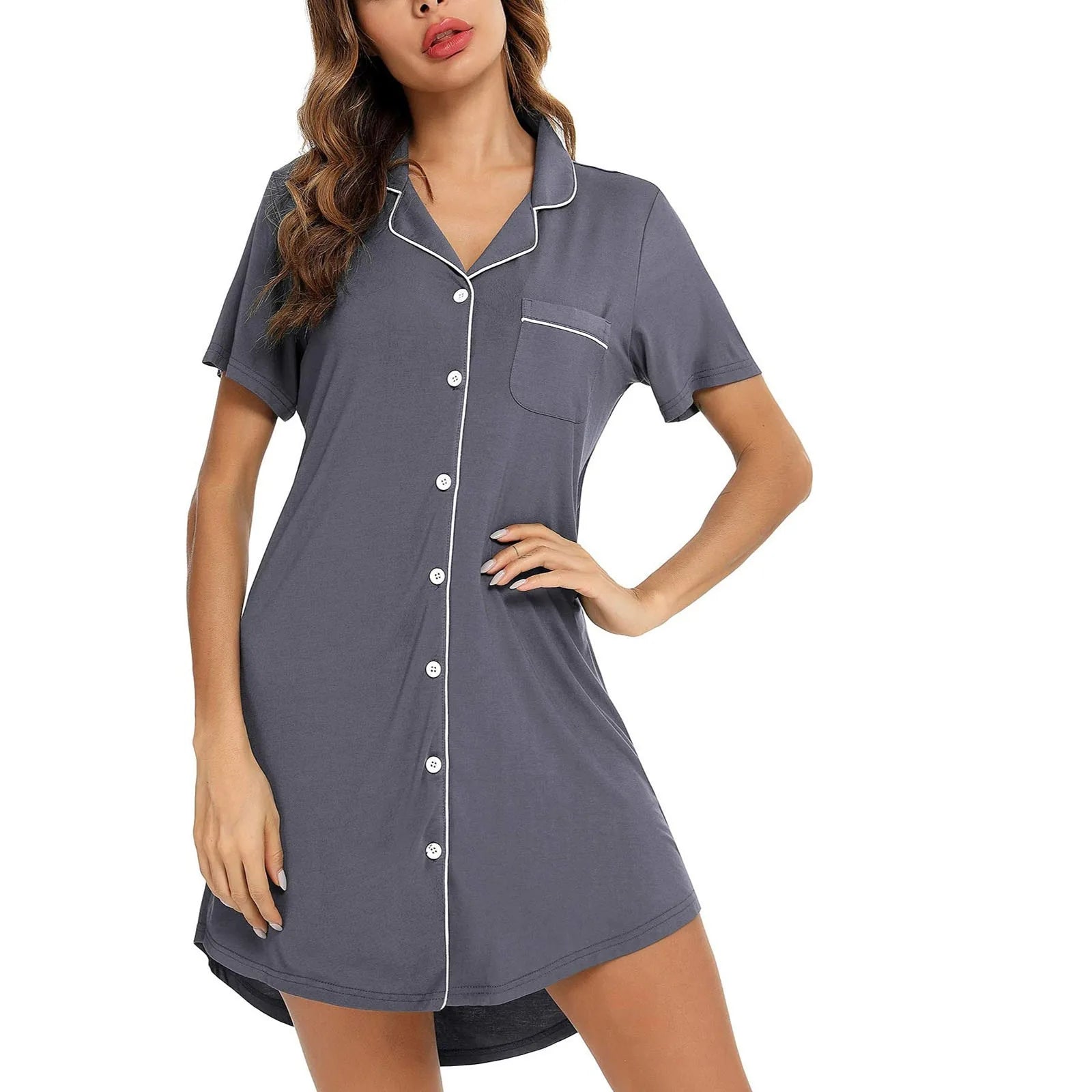 Pajama Nightgown For Women Short Sleeve Button Down Nightwear Top Sleep Shirts Solid Women'S Nightdress Ladies Sleepwear Home