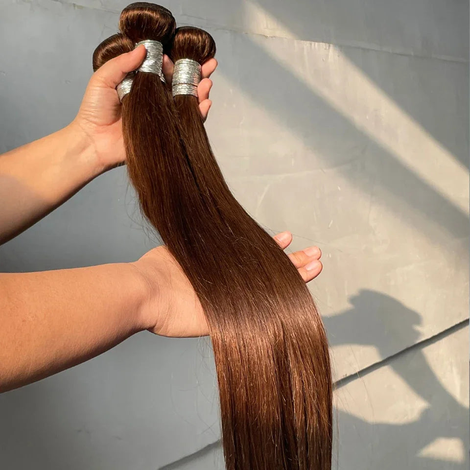 Straight #4 Chocolate Brown Raw Virgin Human Hair Weave Bundles 1/3/4Pcs Indian Bone Straight Extension For Women Sale Clearance