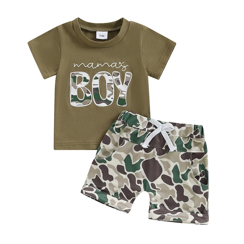 2025-01-13 Lioraitiin Toddler Boys Summer Shorts Sets Short Sleeve O Neck Letter Print Tops and Camouflage Shorts Sets