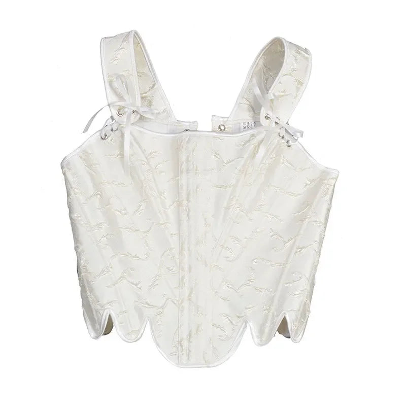 Fashion White Embossed Vintgae Petal Bodices Women Overbust Slimm Corsets Lace Up Boned Shaping Tops Korset