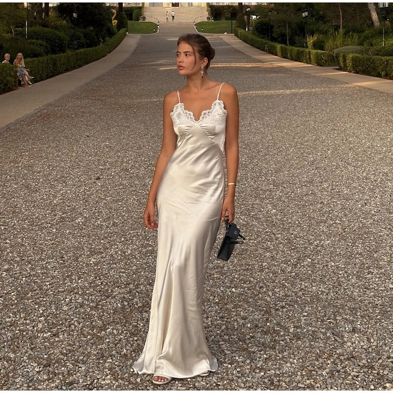 Lace Patchwork Sling Maxi Dress Women Sexy Solid V-neck Sleeveless Backless Satin Slim Dresses 2026 Lady Chic Party Evening Gown