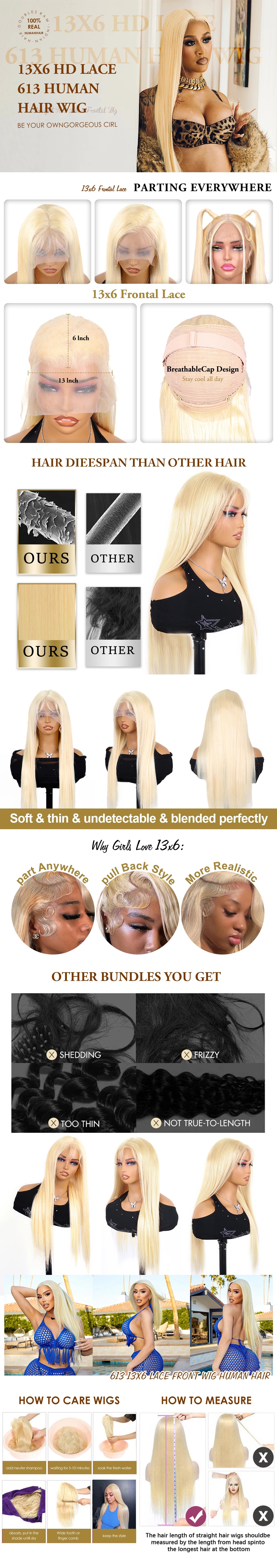 613 Blonde Straight HD Transparent 13x5 13x6 Lace Front Human Hair Wigs Brazilian PrePlucked 40 Inch Lace Frontal Wig Human Hair