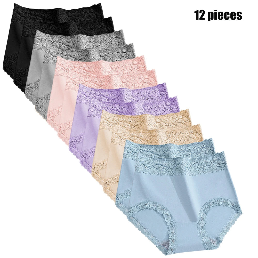 12PCS High quality Cotton Panties Women's Underwear High waist  Lace Resilient Soft  Briefs Abdomen In Slimming lingerie